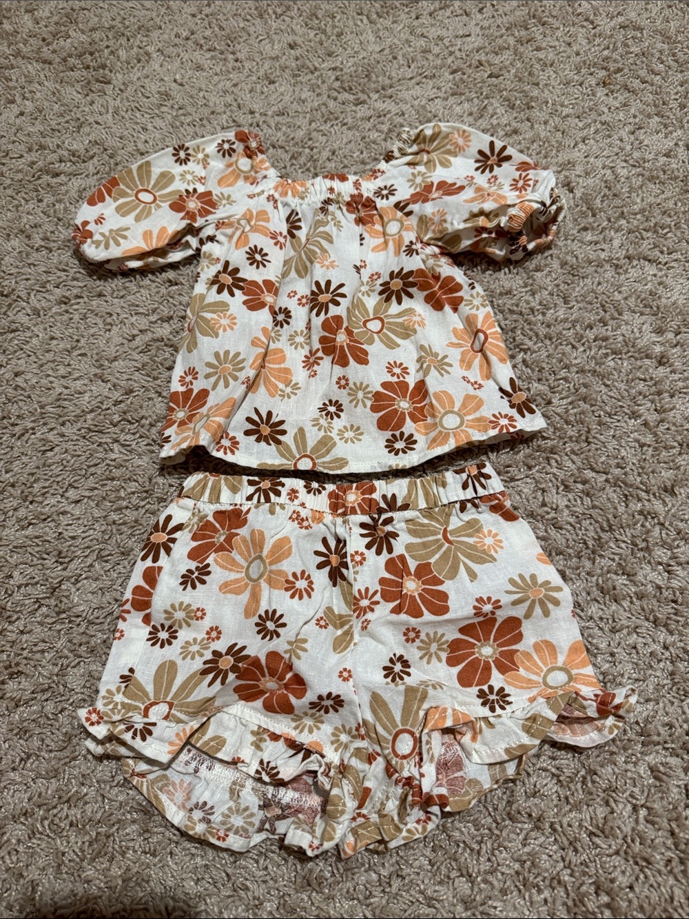 Girls Floral Ruffle Shorts Set - Cream with Rust & Tan Flowers